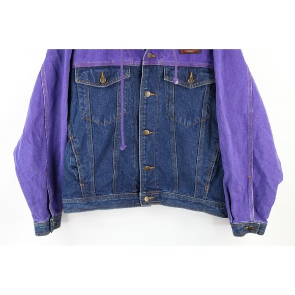 NOS Vintage 90s Streetwear Mens Large Color Block Hooded Denim Trucker Jacket - Picture 4 of 10
